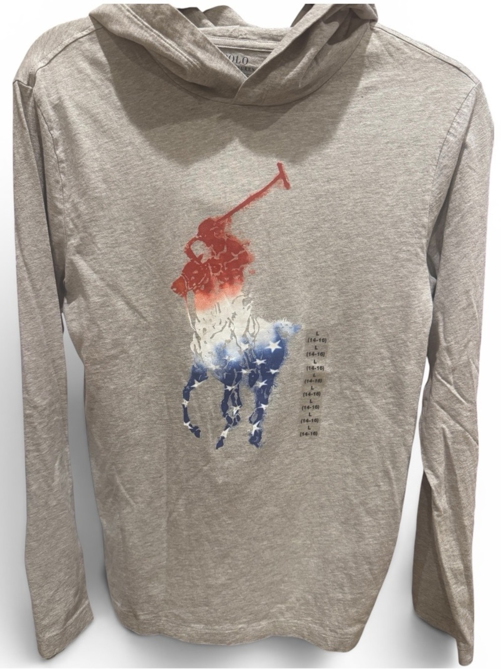 Polo Ralph Lauren Youth L (14-16) Patriotic Big Pony Hooded Tee Gray 100% Cotton
